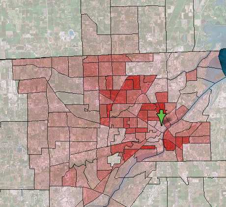 Toledo Metro Population Density; each area is one 2000 US Census Tract or roughly 3000 people; the smaller the area, the higher the density and the darker the color
