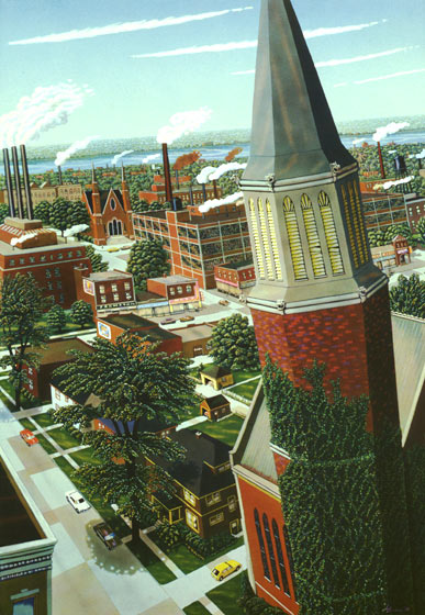 Steeples and Stacks, painting by Lowell Boileau