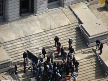 Filming on the steps of the Wayne County Building