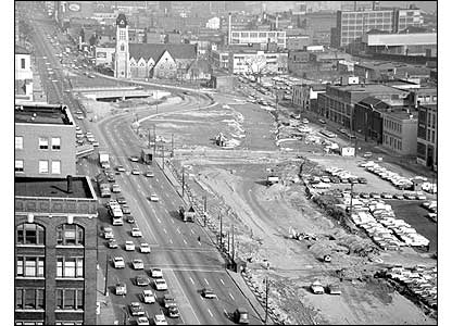 Construction of the Chrysler Freeway in 1964