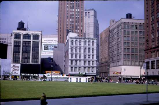 Looking across the former Kern Block toward the shops and buildings on the opposite side of Woodward, June 1968.