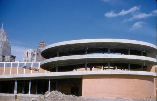 The circular ramp leading to the Cobo Hall roof parking lot