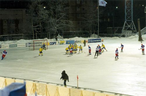 Ice hockey tournament match between Russia and Sweden. Russia won with goal scored on a penalty shot. February 1999.